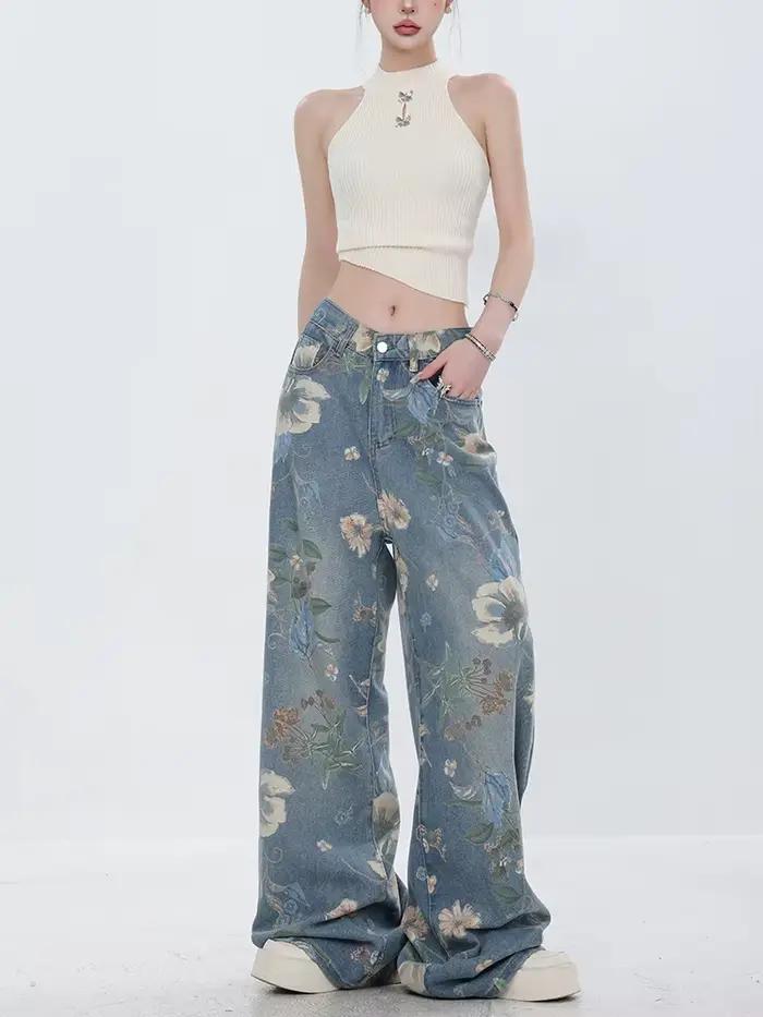 Jean imprimé à la mode, pantalon de nettoyage en Denim à fleurs rétro, Style coréen, ample, Hip Hop,