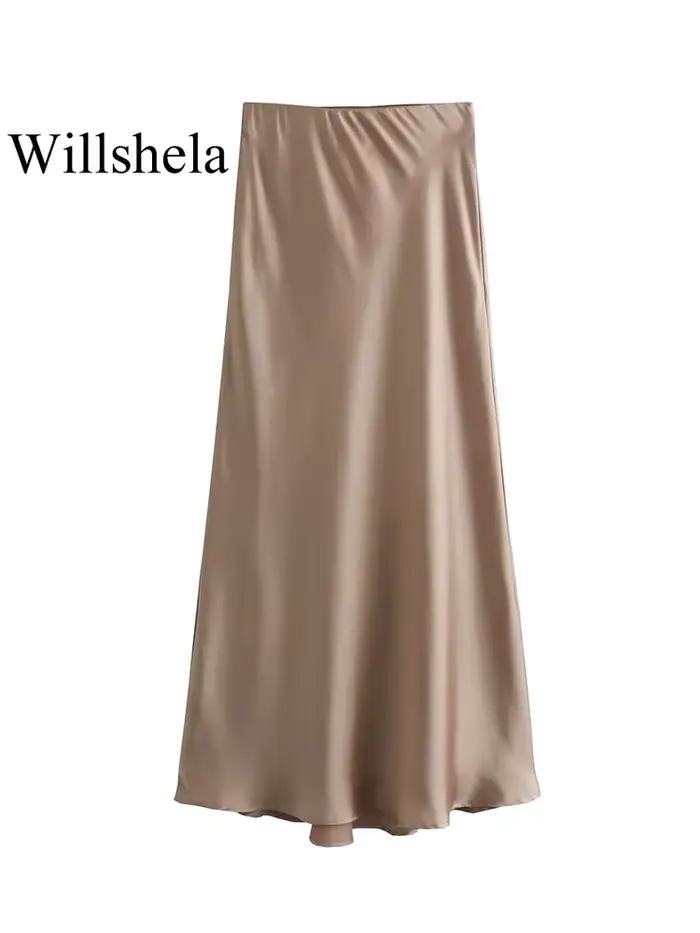 Willshela 2024 jupe en Satin noir femme taille haute jupes longues élégantes pour les femmes mode ét