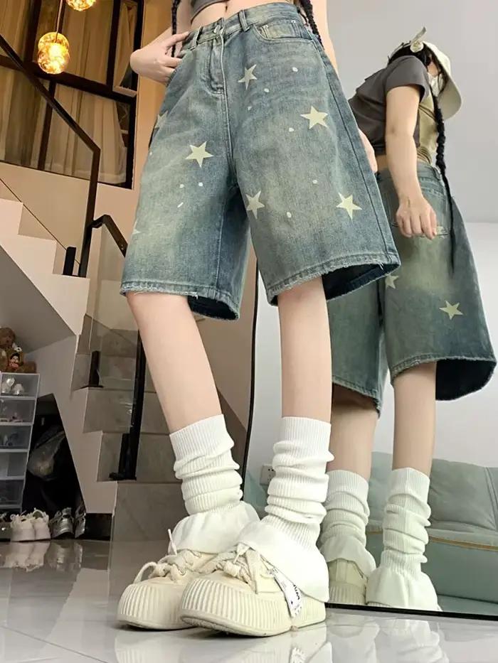Femmes taille haute américain rétro lavé jambe large jean filles rue faire vieille étoile pantalon e