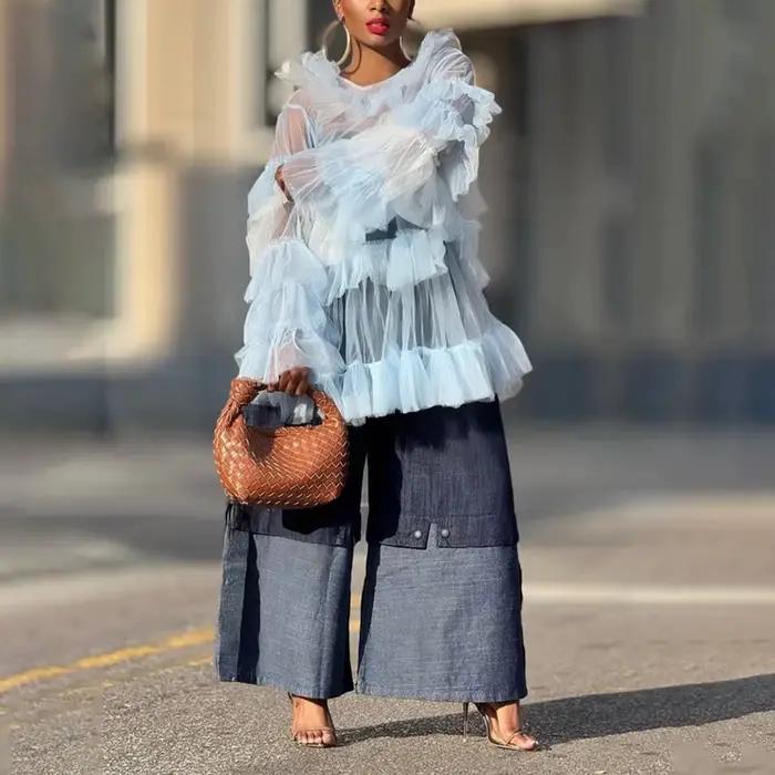 UOOZEE urbain femme Streetwear couches Denim pantalon à jambes larges ample élastique taille haute p