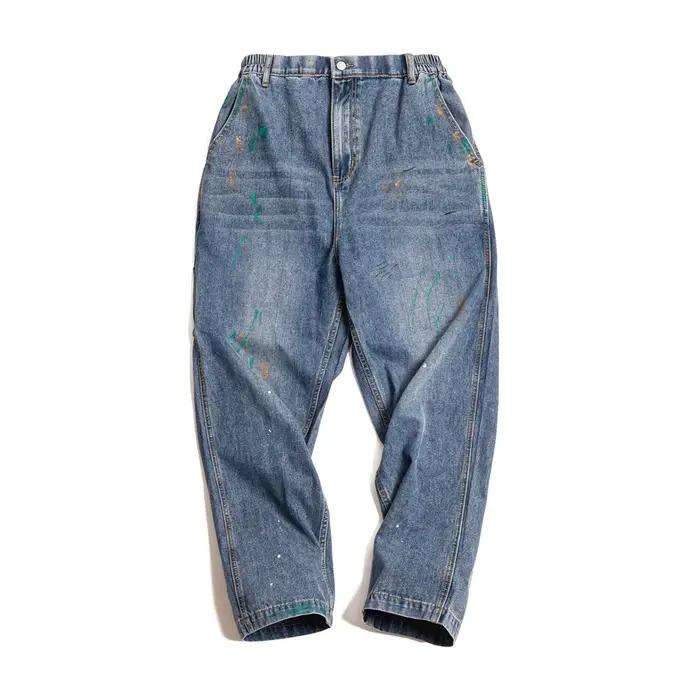 Maden Pantalon jeans masculin bleu clair avec peinture éclaboussée Graffiti Pantalon droit avec text