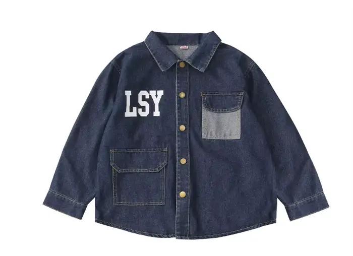 Kids Retro Dark Blue Denim Jacket Coat with Letters For Teens Boy Harajuku Streetwear Clothing Child