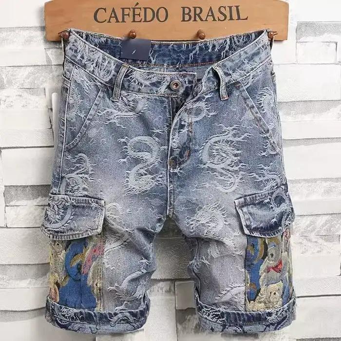 Pantalon brodé Dragon pour hommes, short en Denim, salopette fine d'été, nouveau styliste, jean à ci