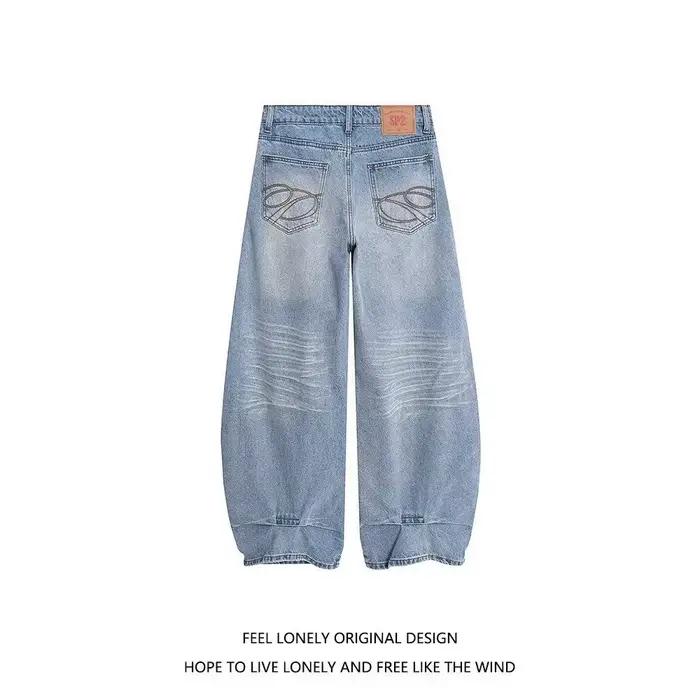 Jean ample bleu clair délavé style américain pour femme, coupe droite, pantalon long, style rétro ur
