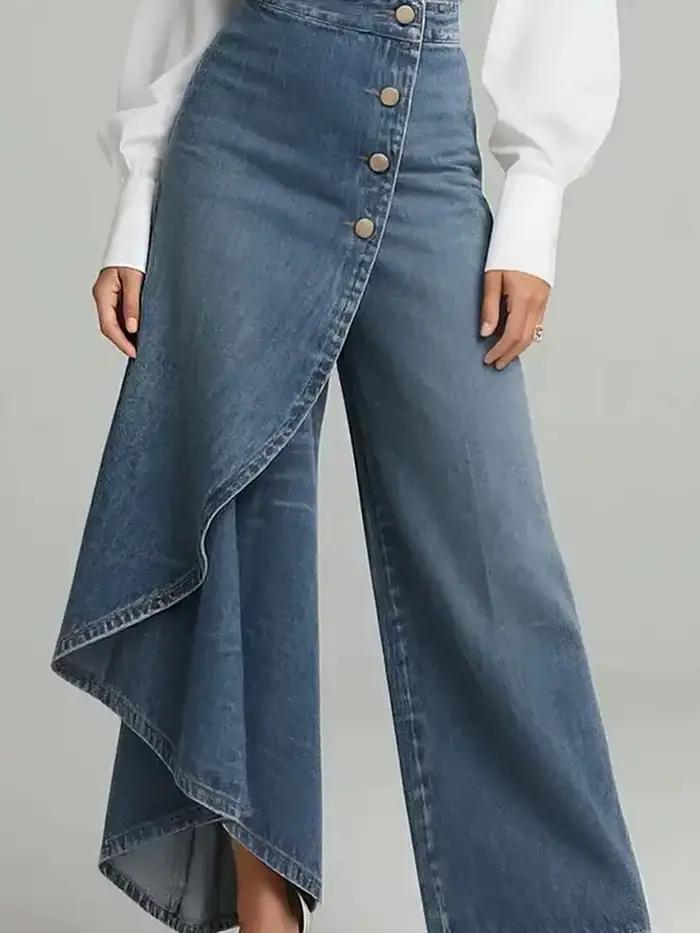 Pantalon en jean asymétrique à volants taille haute pour femme, coupe large, avec boutons superposés