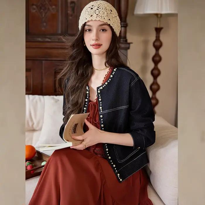LOUIS YAO Veste en jean perlée tendance Printemps 2026 Col rond Haut pour femme Épaules tombantes De