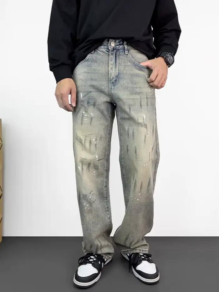 Automne Graffiti imprimé jambe droite Jean pour homme haute rue mode déchiré Baggy Denim pantalon 20