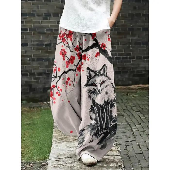 Pantalon à jambes larges imprimé renard prune Harajuku pour femme, Ukiyo-e, décontracté, Streetwear