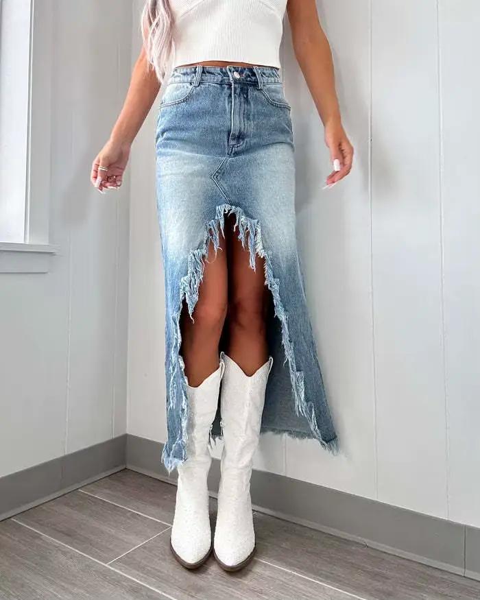 Jupe en jean taille haute à bords bruts irréguliers pour femmes, délavée, nouvelle collection printe