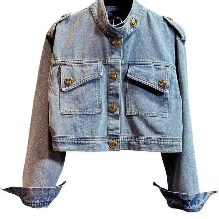 Blouson en jean court rétro pour femme avec boucle dorée distinctive – Nouvelle collection confortab