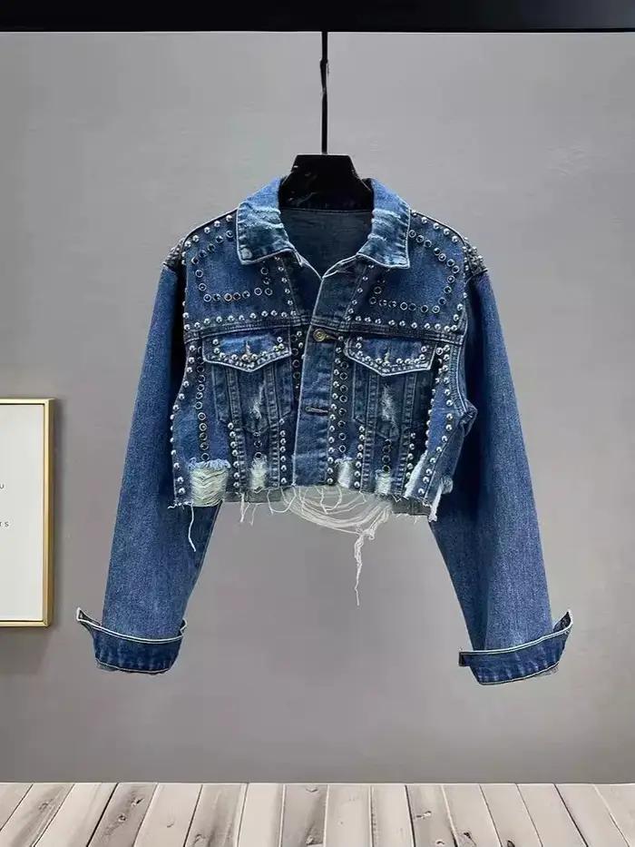 Veste en jean brodée cloutée pour femmes, coupe ample, déchirée, diamant, haut transfrontalier, Styl