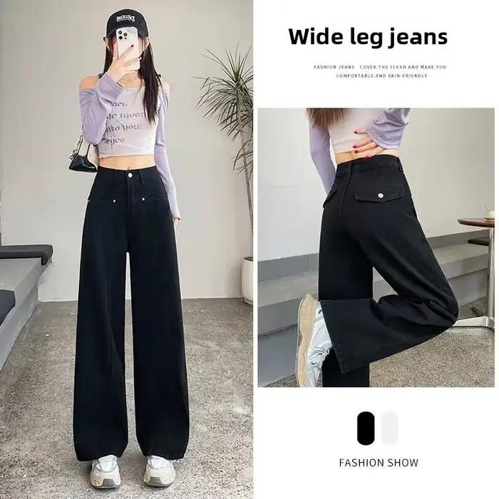 Jean slim noir classique pour femmes, Design d'épissure fine, ligne a, jambes larges, coupe droite,