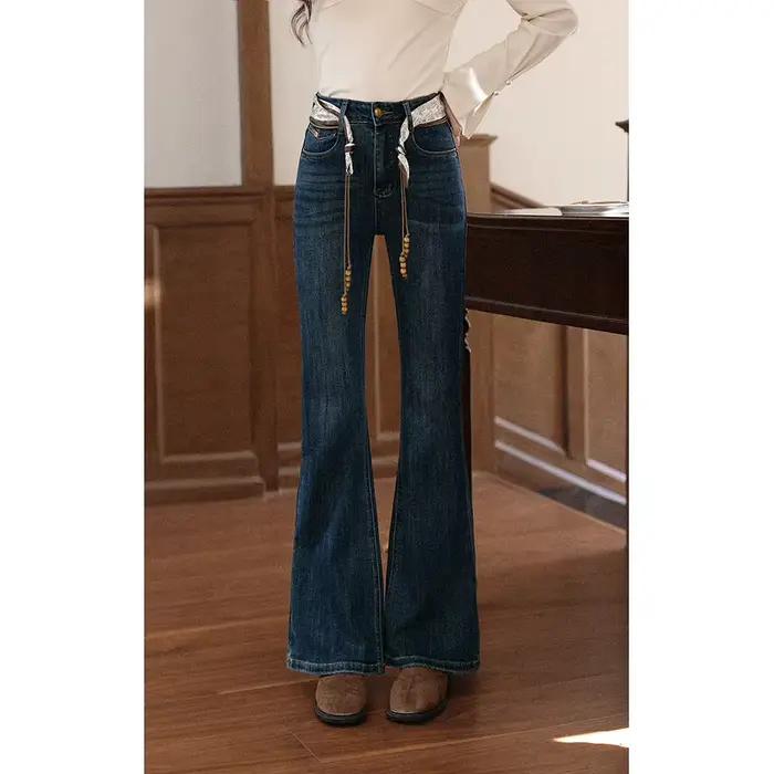 ALXNAN Jean bleu vintage taille haute en coton évasé pour femme, nouvelle collection printemps 2026,