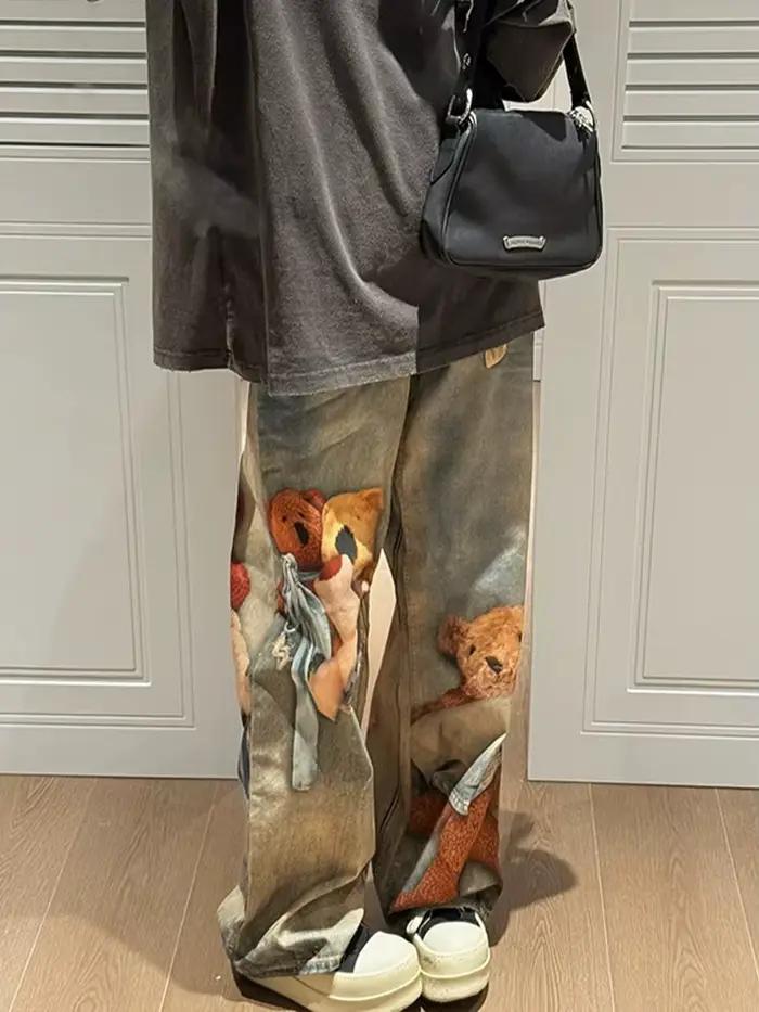 Pantalon large à jambe droite imprimé Little Bear Y2K, vintage et tendance pour femmes, printemps au