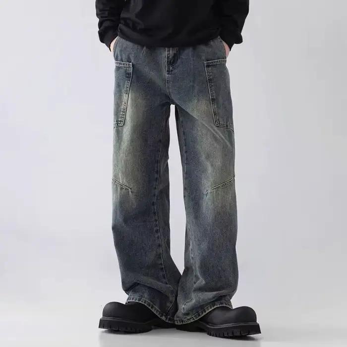 Style coréen grande poche vêtements de travail jean rétro bleu hommes Baggy jean jambe droite pantal