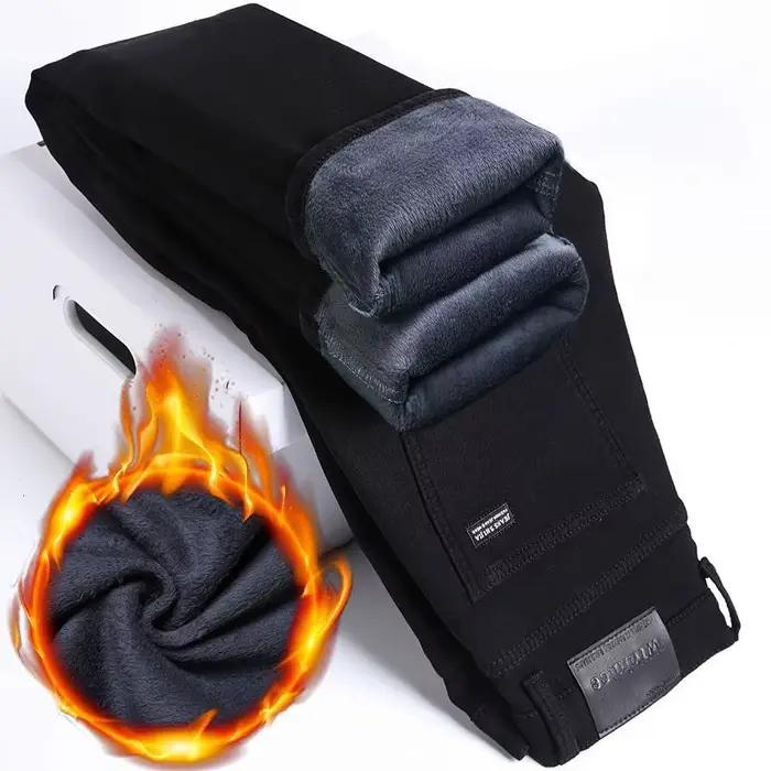 Jean épais doublé polaire pour hommes, coupe Slim, jambe droite, Business décontracté, noir pur, pol