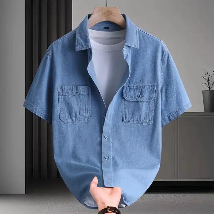 Chemise en jean à manches courtes pour homme avec poches plaquées - Chemise décontractée en mélange
