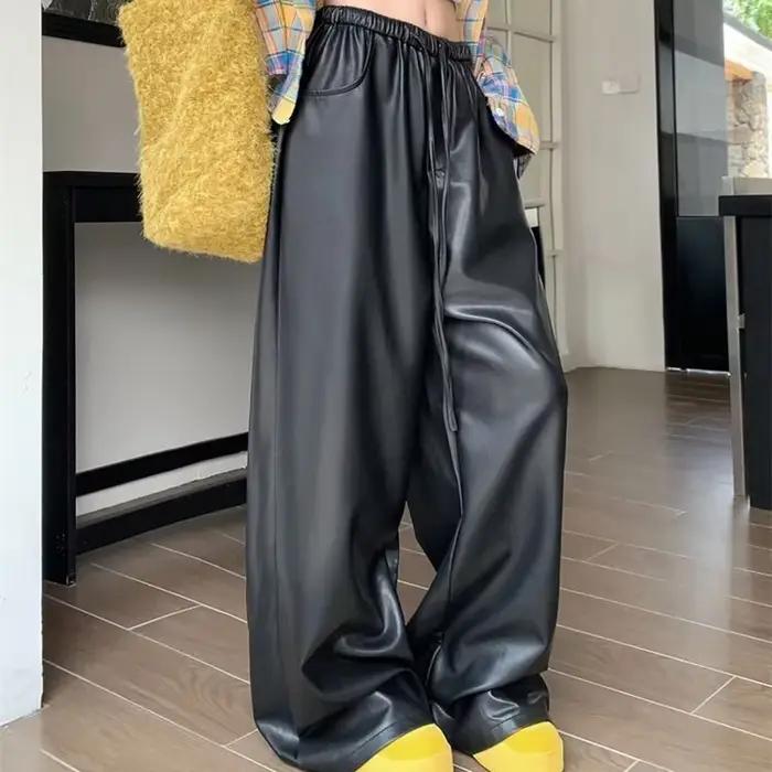 Pantalon décontracté en cuir PU noir pour femme, pantalon de sol ample, jambe large, jambe droite am