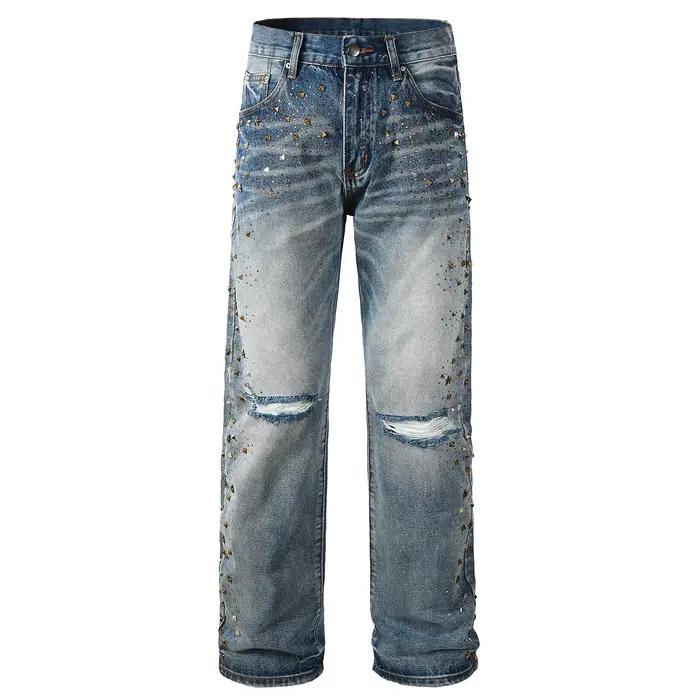 Jean Denim en cristal pour hommes, Streetwear, trous déchirés, Baggy, strass, ample, droit, bleu, ha