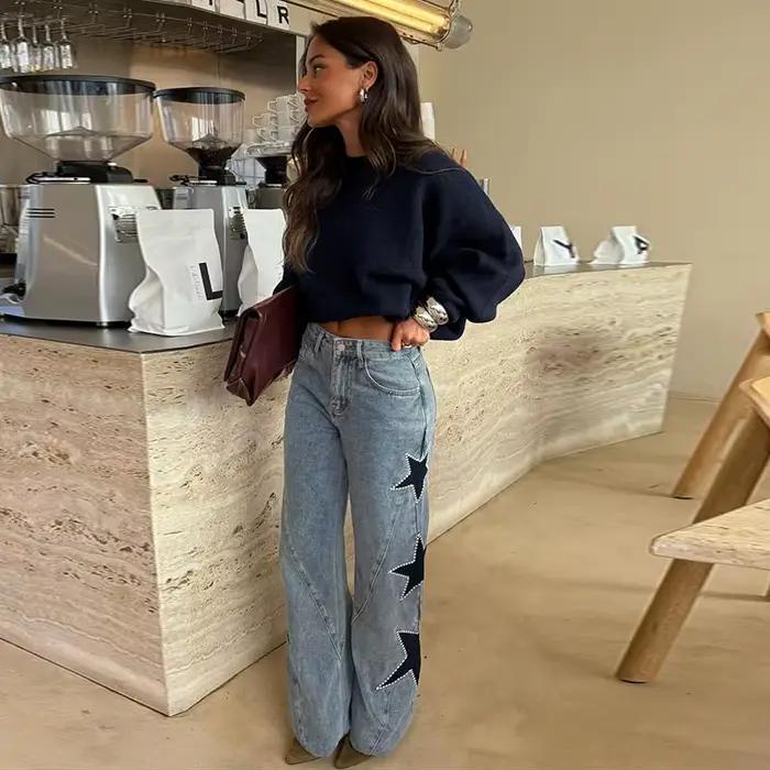 Rétro trous déchiré femmes jean pantalon Baggy taille basse en détresse Denim Hip Hop gothique Cool