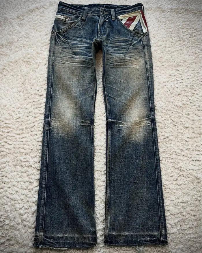 Jean en denim Y2K délavé bleu décontracté pour femme, coupe basse, jambe droite, avec poches brodées