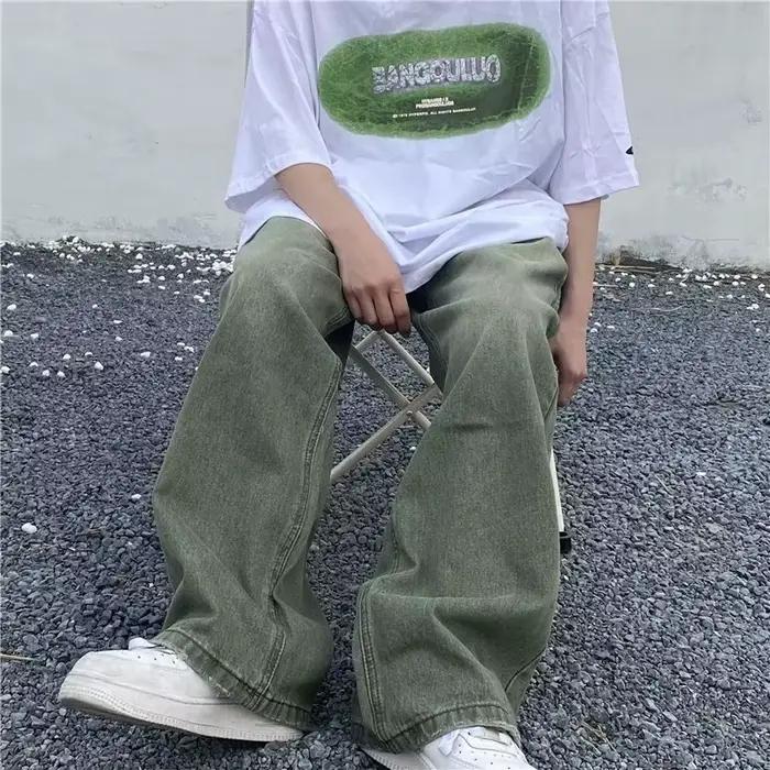 Jean Vert Délavé Homme Style Urbain Hip-Hop Ample Jambe Large Tendance Printemps Automne Marque Déco
