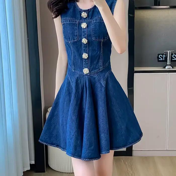 Mini Robe en Jean à Col Rond pour Femme, Tenue en Denim, Fermeture Éclair, Mode Décontractée, Courte