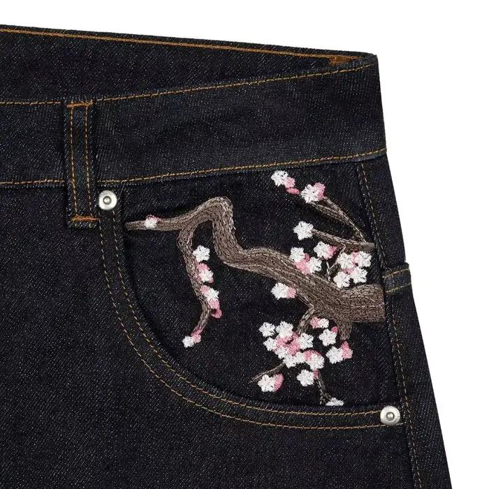 Jean baggy Y2K avec broderie de fleurs de cerisier, pantalon en denim pour hommes et femmes, streetw