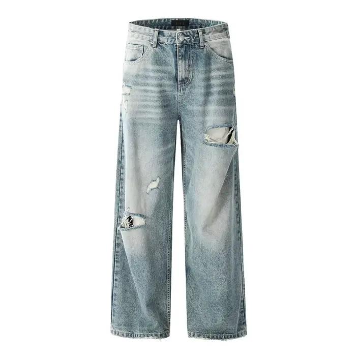Jean déchiré délavé pour hommes, effet moustache, rétro, High Street, bord brut, pantalon en Denim p