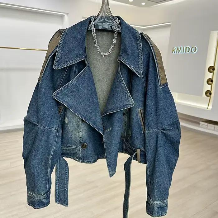 Veste en jean bleu Vintage pour femme, manteau court, ample, en Denim, bombardier, haut à manches lo