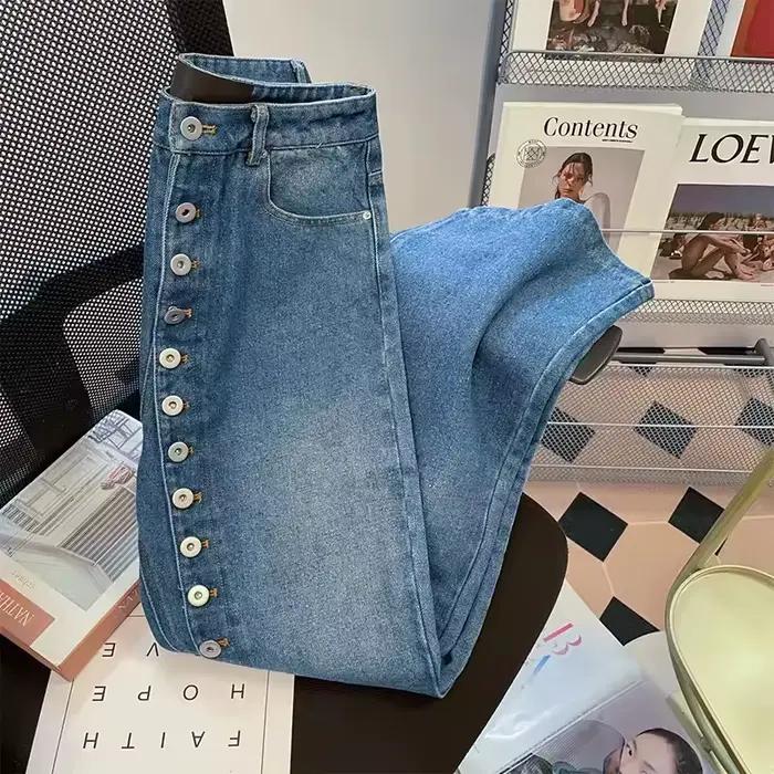 Jean droit ample bleu rétro pour femme, pantalon en Denim à jambes larges, Design multi-boutons, Sli