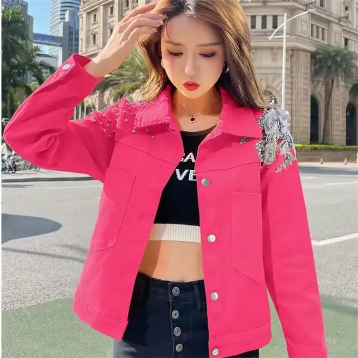 Veste Courte en Denim pour Femme, Couleurs Bonbons, Manteau en Jean avec Rivets Appliqués, pour Étud
