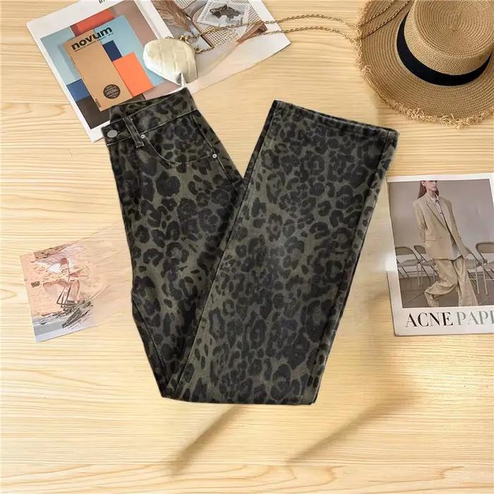 Jeans décontractés amples pour femmes, style rétro américain, imprimé léopard, pantalon à jambe droi