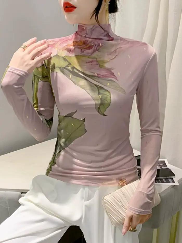 S-4XL Automne Mode Bronzant T-shirt Femmes Situé Impression De Grandes Fleurs Slim Économie Femme Ha