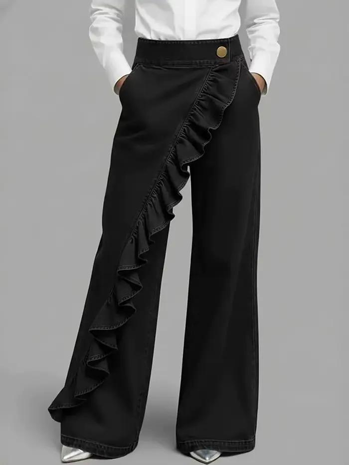 Jean en denim pour femme à volants, coupe large, taille haute, avec bordure asymétrique à volants, p