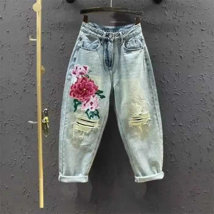 Ethnique amour brodé jean femmes élastique taille haute recadrée sarouel lavé mince été pantalon ban