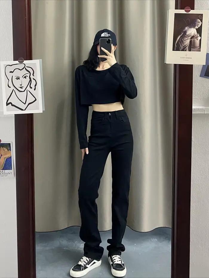 Pantalon de cowboy bleu clair pour femme, jean taille haute, jambe droite, tir, mode coréenne origin