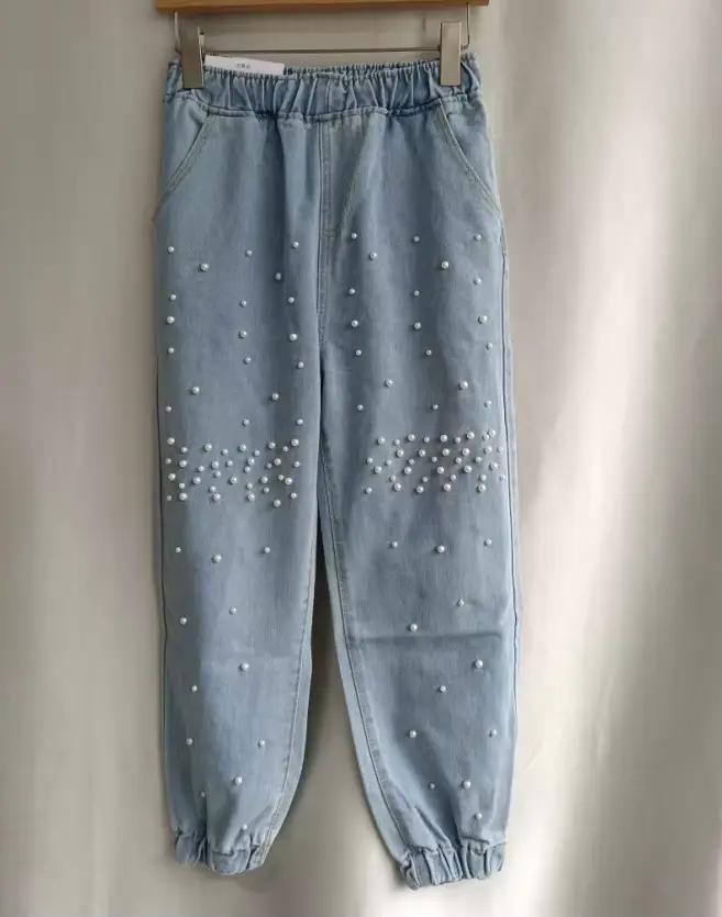 Jean coréen Femme Streetwear mode Denim sarouel 2025 nouveaux bas taille élastique perles décontract
