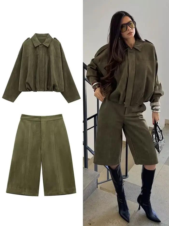 HH printemps femmes daim manteau pantalon ensembles revers fermeture éclair manches longues vestes S