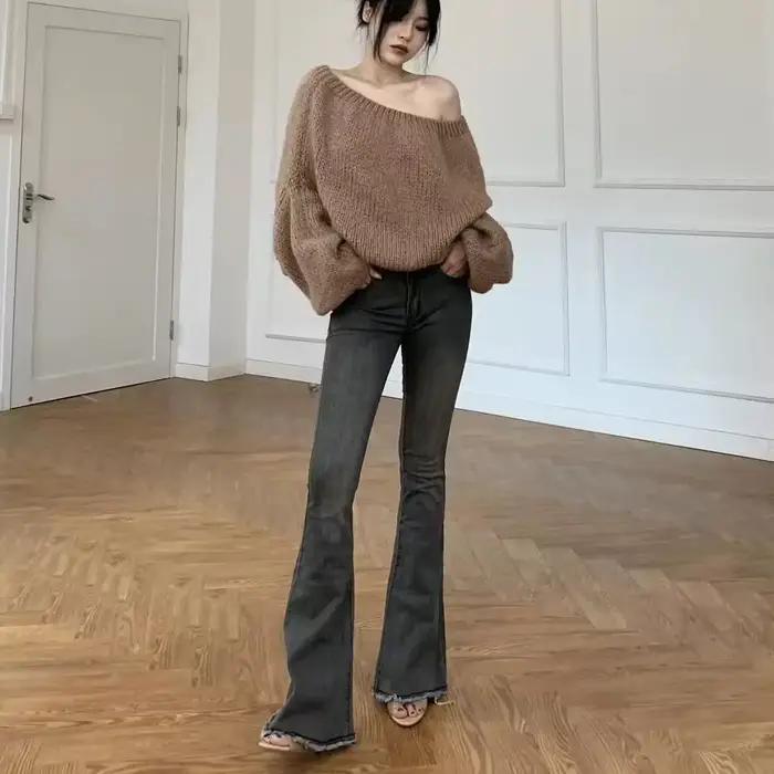 Jean évasé à cloche bleue pour femme, avec poches, pantalon taille basse, évasé Xxl, bureau, Vibrant