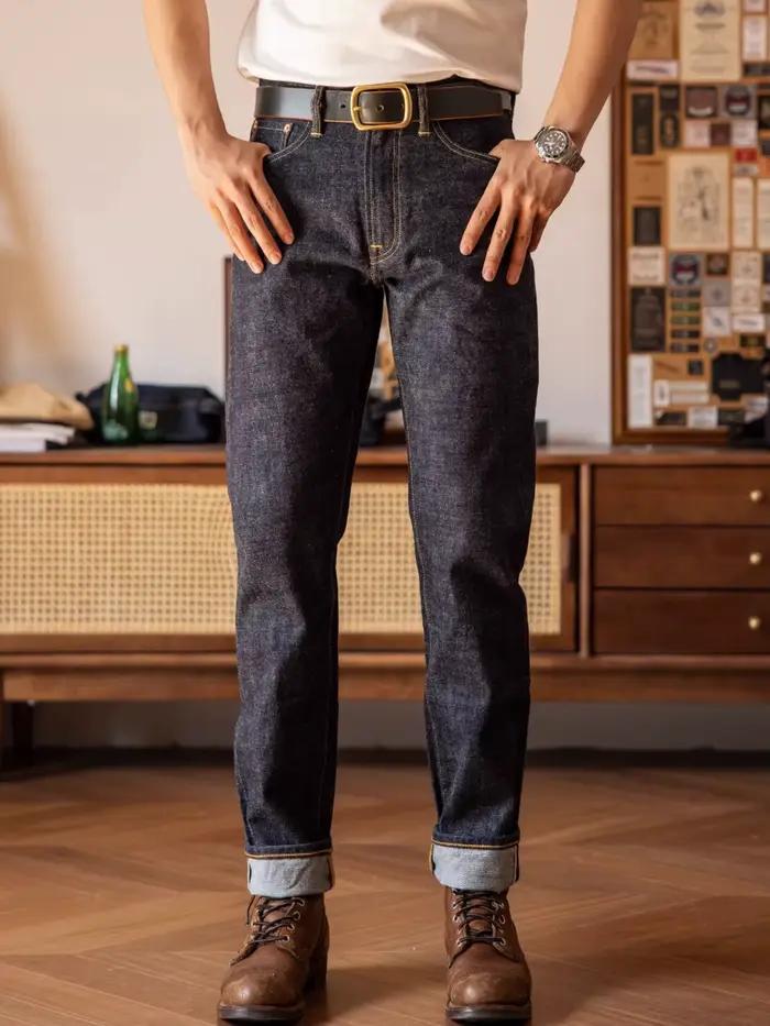 Pantalon en jean conique personnalisé Tornado rouge, lisière de 14oz, sanforisé