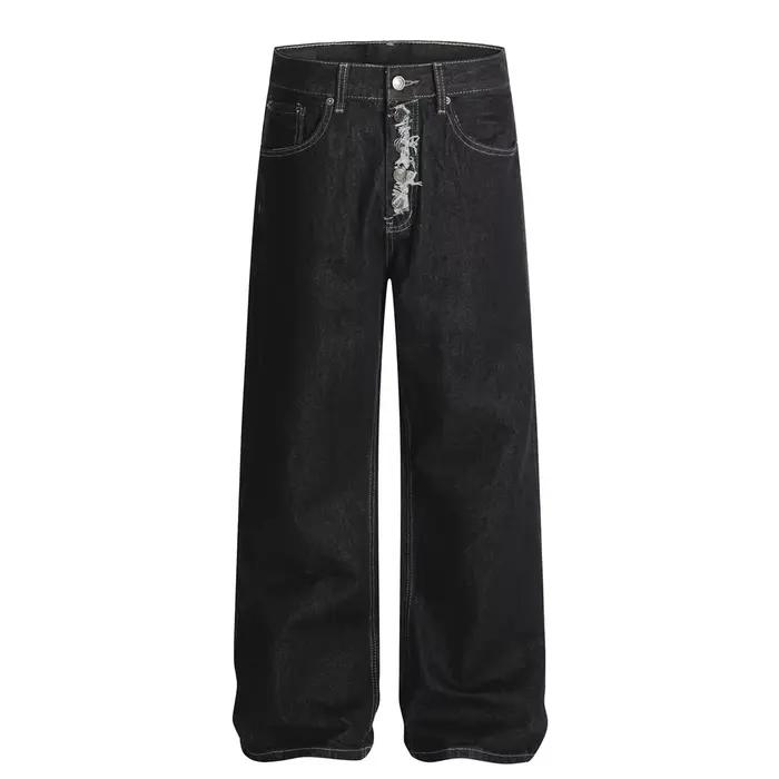 Jean foncé à simple boutonnage pour hommes, couleur unie, pantalon en Denim ample à jambes droites e