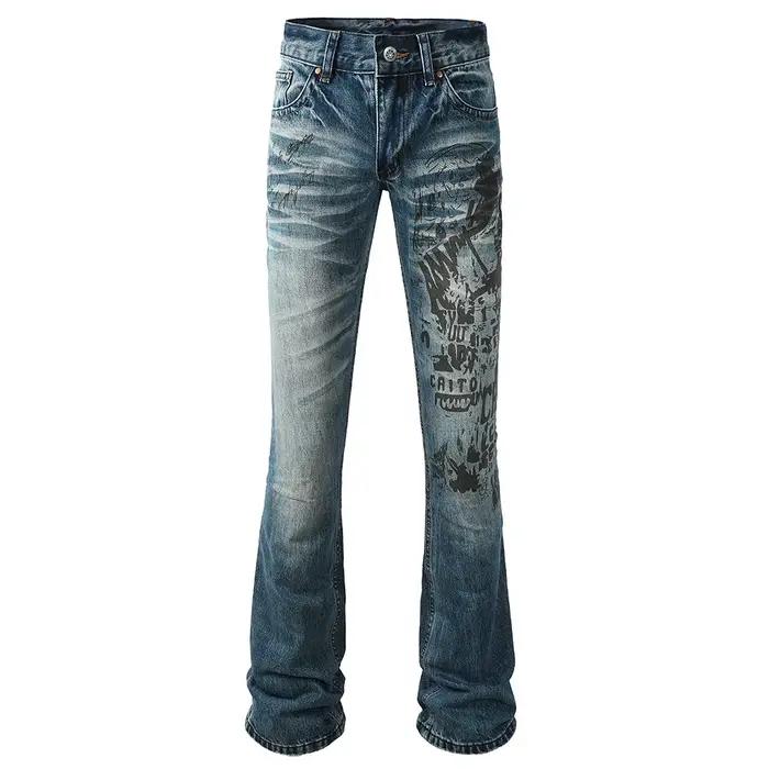 Jeans en denim coupe bootcut pour homme, pantalon slim évasé, bleu, extensible, pantalon long, impri