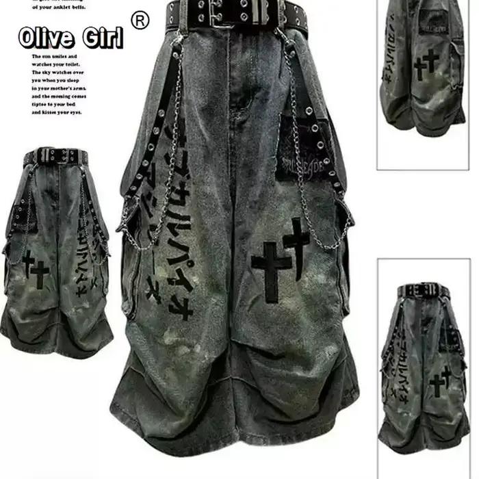 Grande taille crâne croix femmes jean pantalon Denim pantalon américain rétro ambiance jambes larges