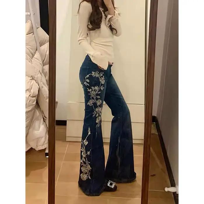 YIBASHU femmes Rose motif brodé Micro corne jean pantalon personnalisé Cool fille bas décontracté fe