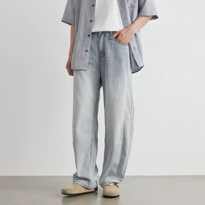 Jean ample décontracté pour homme en Lyocell, style vintage américain, coupe incurvée, délavé et eff