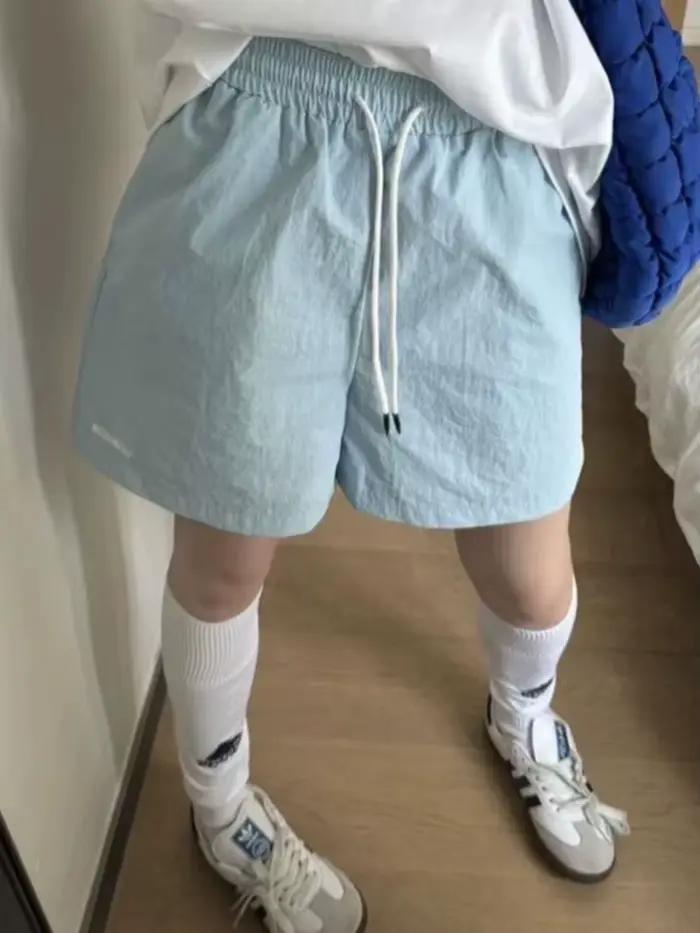 HOUZHOU Harajuku bleu Shorts pour femmes Style coréen Baggy Sport pantalons courts décontracté mode