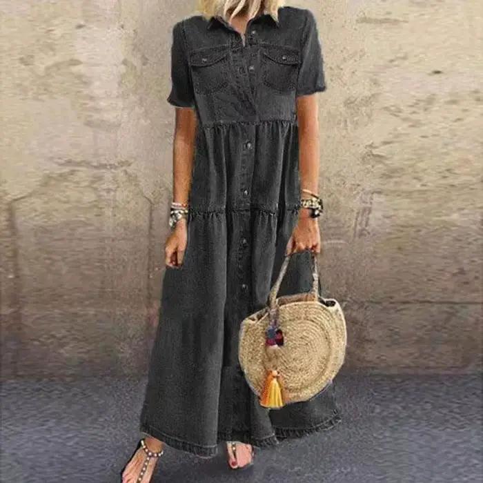 Robe en denim à imprimé floral pour femme, cardigan patchwork, taille haute, poche, vintage, élégant