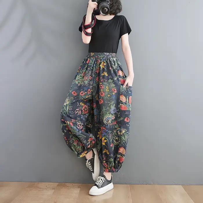 Jean denim vintage en coton imprimé pour femme, pantalon sarouel, taille élastique, longueur de rinç