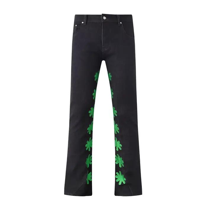 LOSTSHDWS Jean évasé brodé à fleurs pour homme – Pantalon en denim vintage délavé et usé style Y2K H